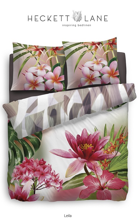 Heckett en Lane Leila dekbedovertrek katoensatijn,chinese roos,bloem,lely,wit,rose,groen,pink,geel